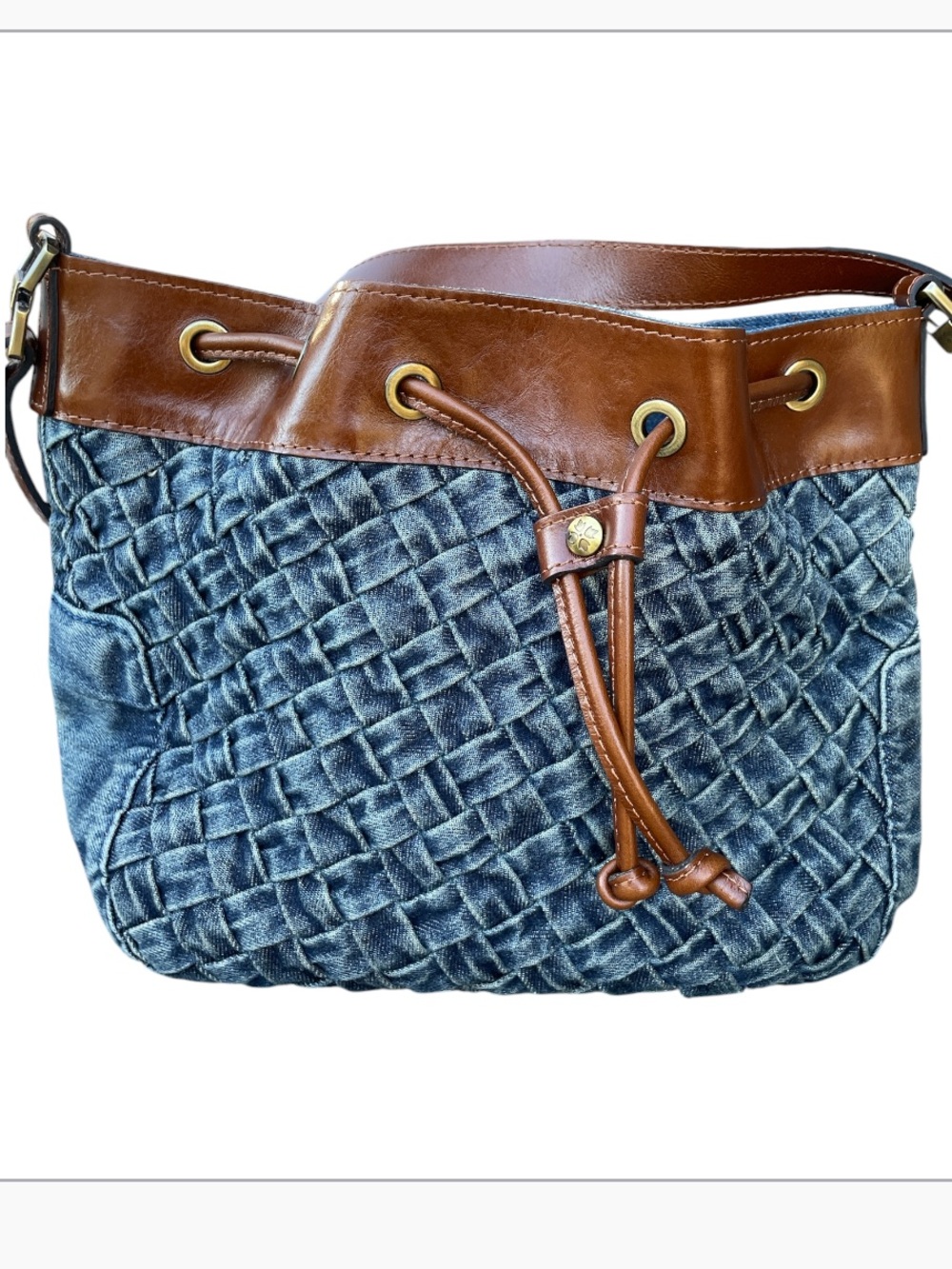 Patricia Nash Denim Woven Bucket Bag with Leather Trim
